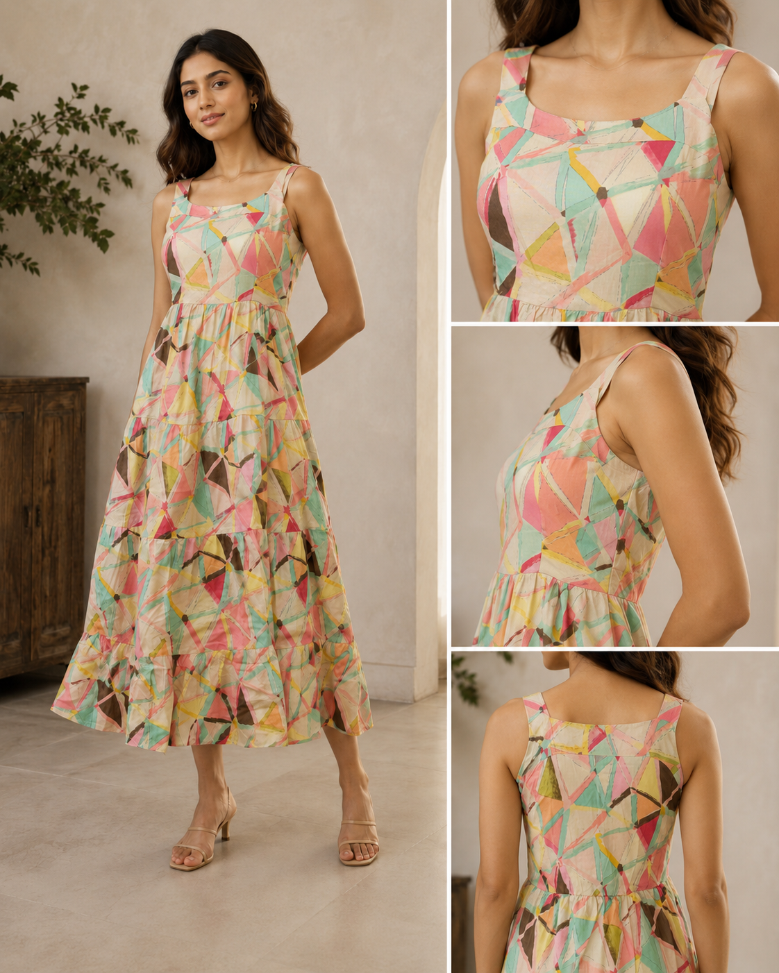 Pastel Geometric Printed Sleeveless Maxi Dress for Women