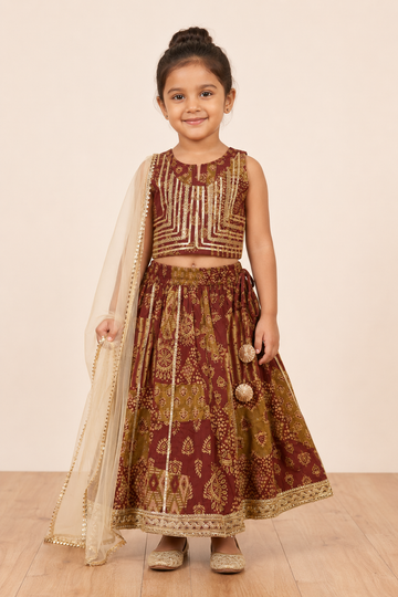 Maroon Gold Printed Lehenga Choli Dupatta Set
