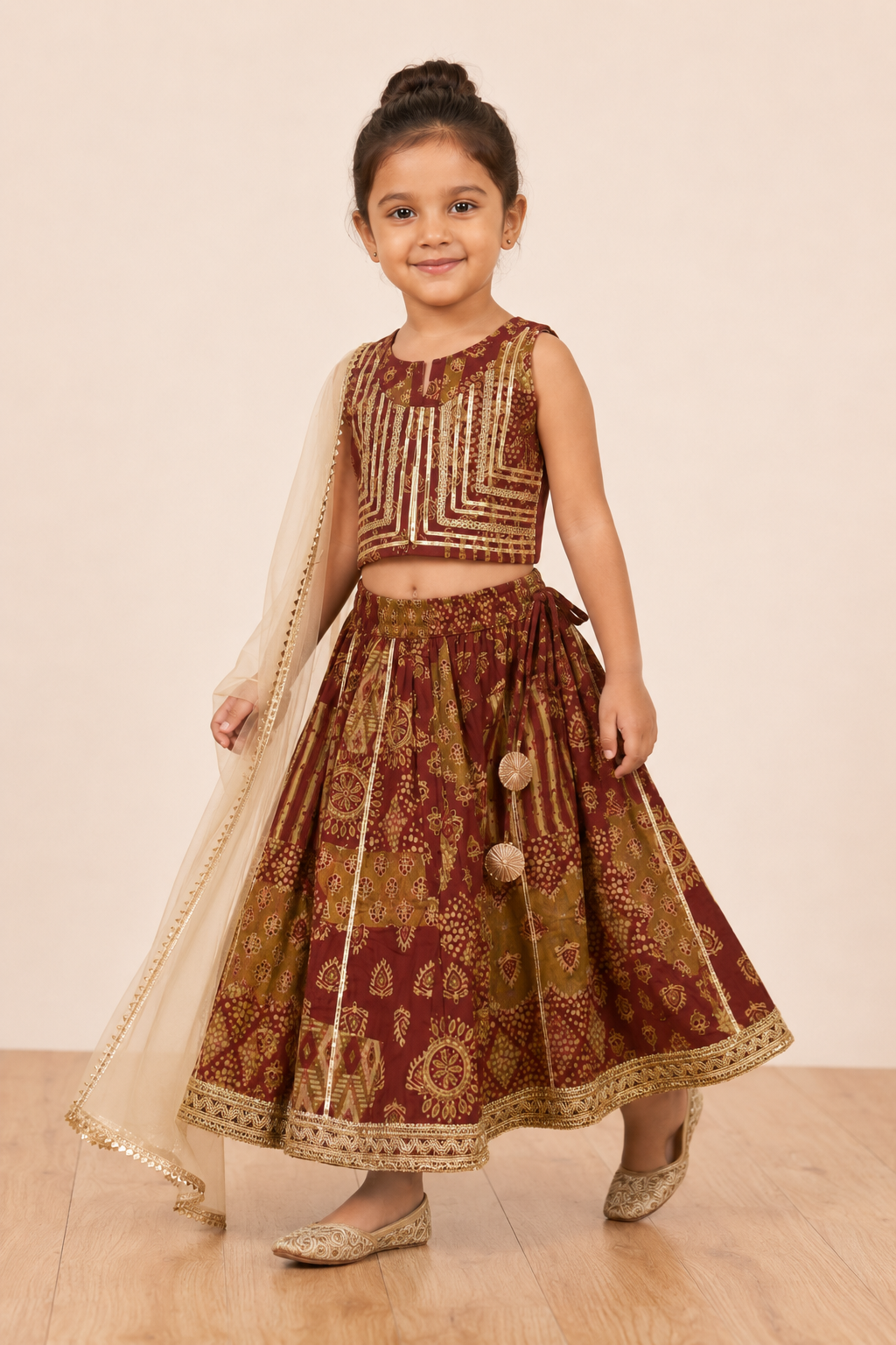 Maroon Gold Printed Lehenga Choli Dupatta Set