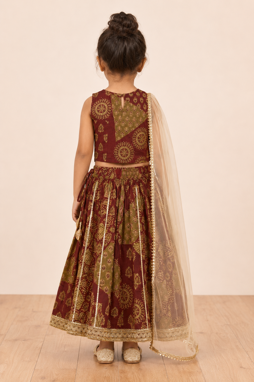 Maroon Gold Printed Lehenga Choli Dupatta Set