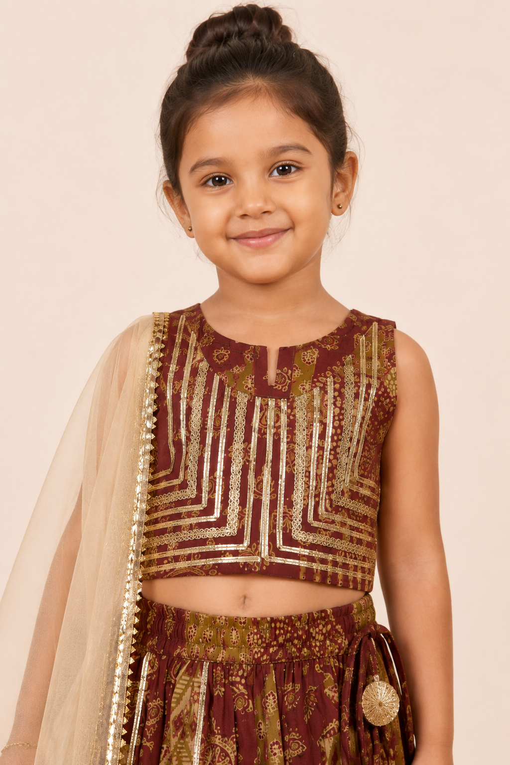 Maroon Gold Printed Lehenga Choli Dupatta Set
