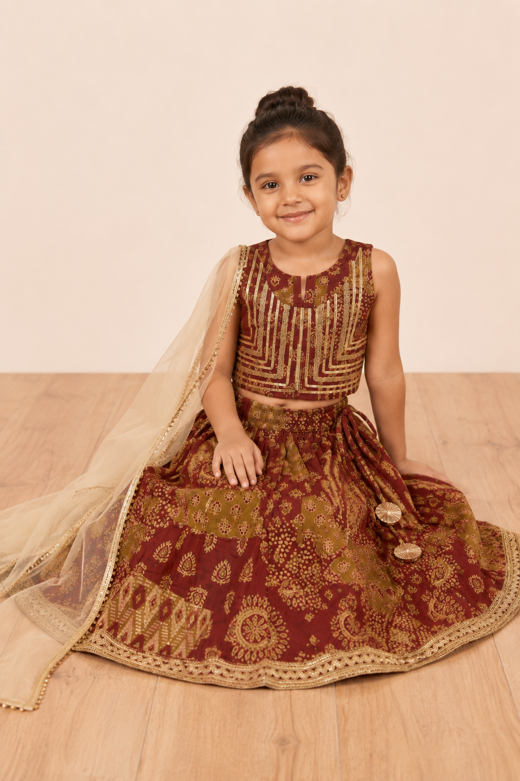 Maroon Gold Printed Lehenga Choli Dupatta Set