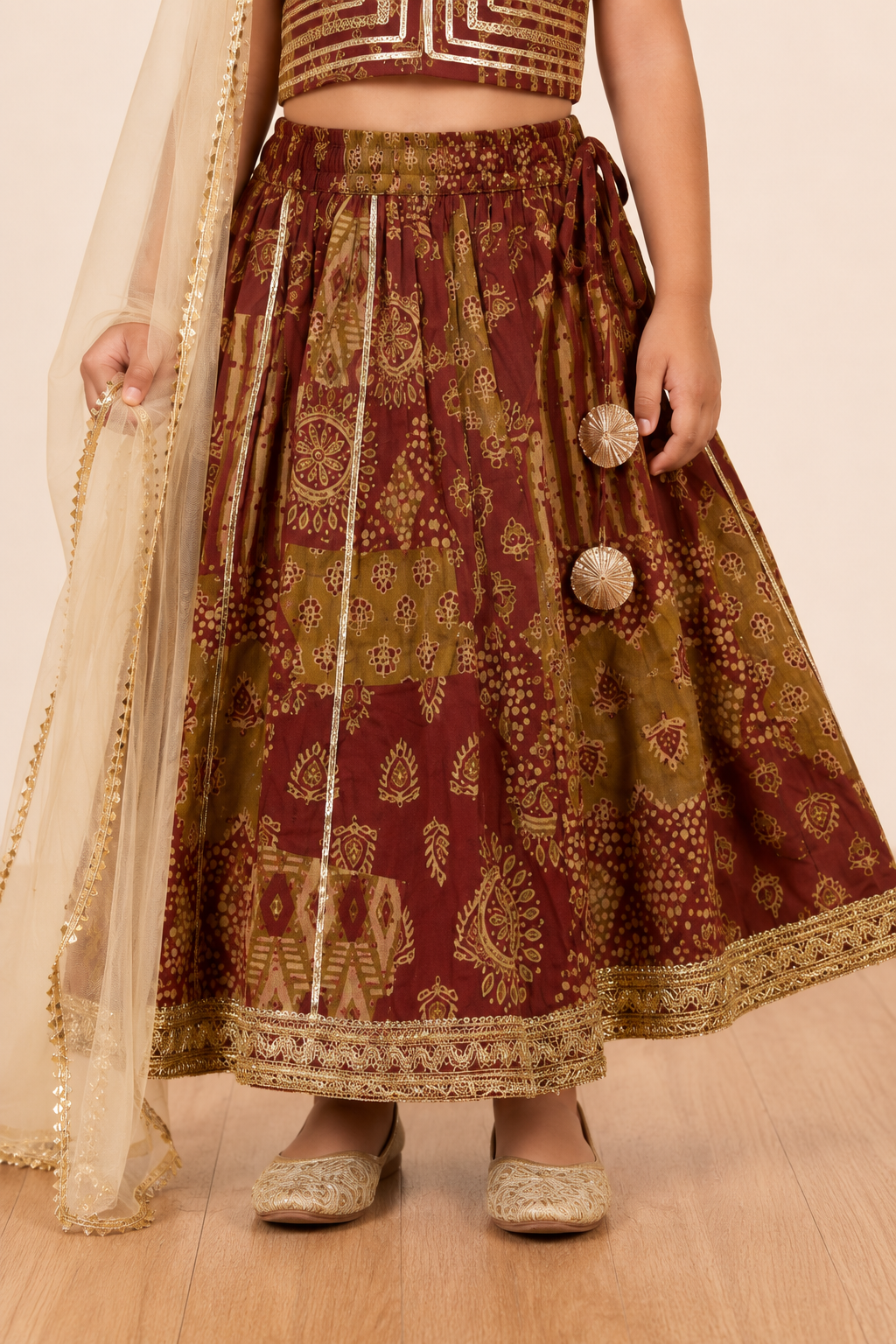 Maroon Gold Printed Lehenga Choli Dupatta Set