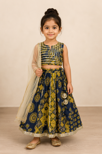 Navy Mustard Printed Lehenga Choli Dupatta Set