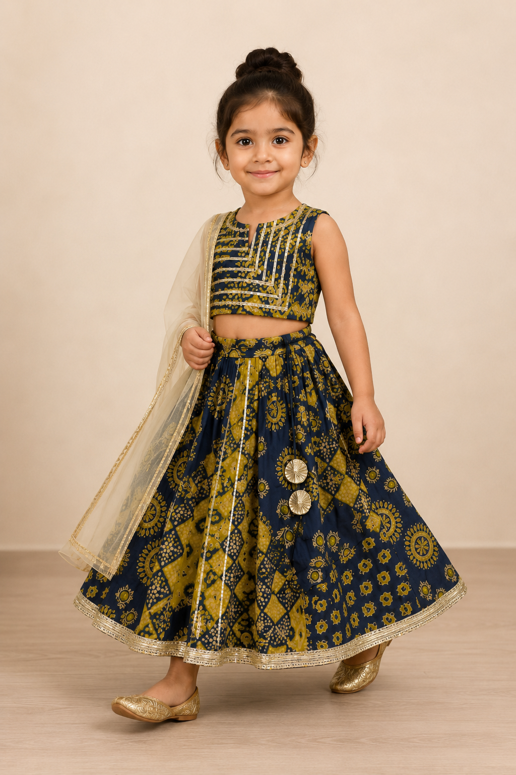 Navy Mustard Printed Lehenga Choli Dupatta Set