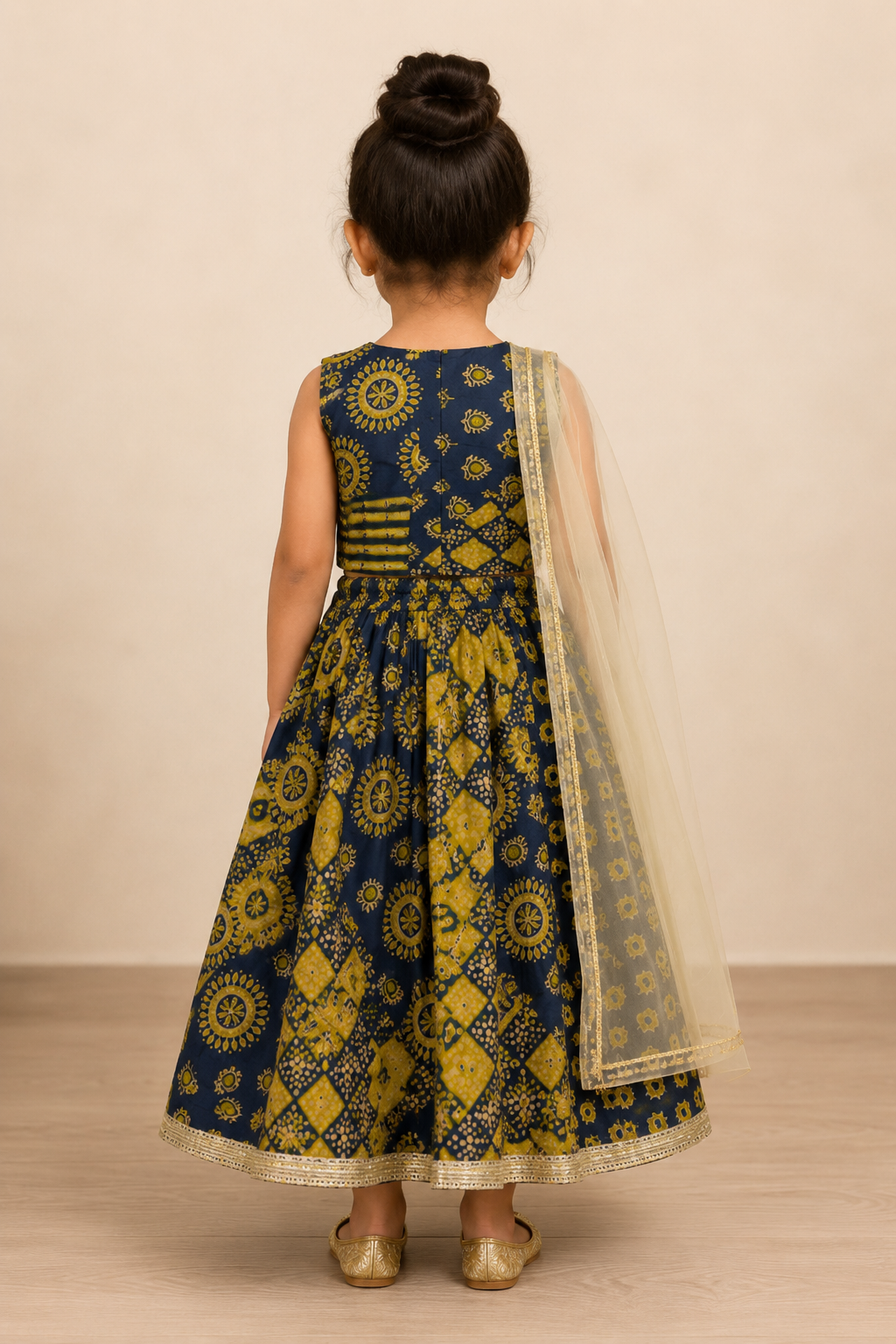 Navy Mustard Printed Lehenga Choli Dupatta Set