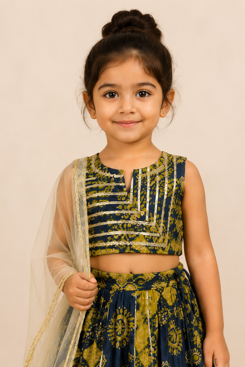 Navy Mustard Printed Lehenga Choli Dupatta Set