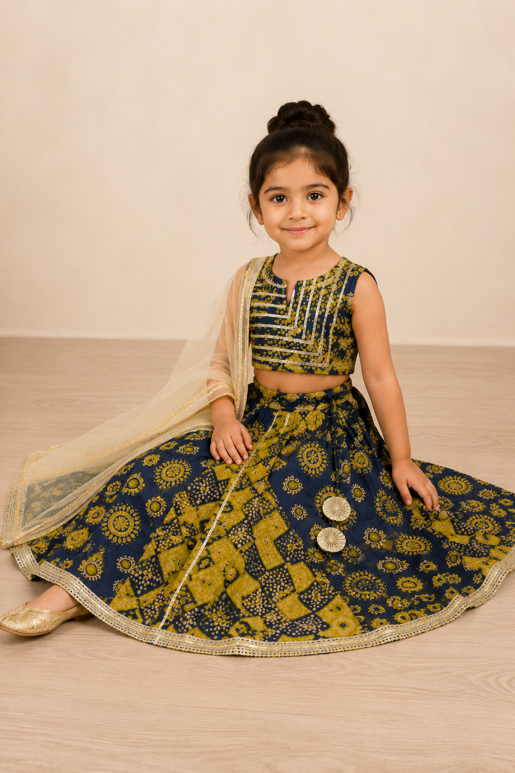 Navy Mustard Printed Lehenga Choli Dupatta Set