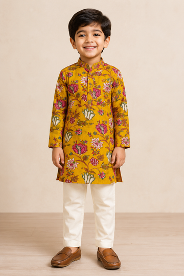 Mustard Floral Printed Kurta Pant Set