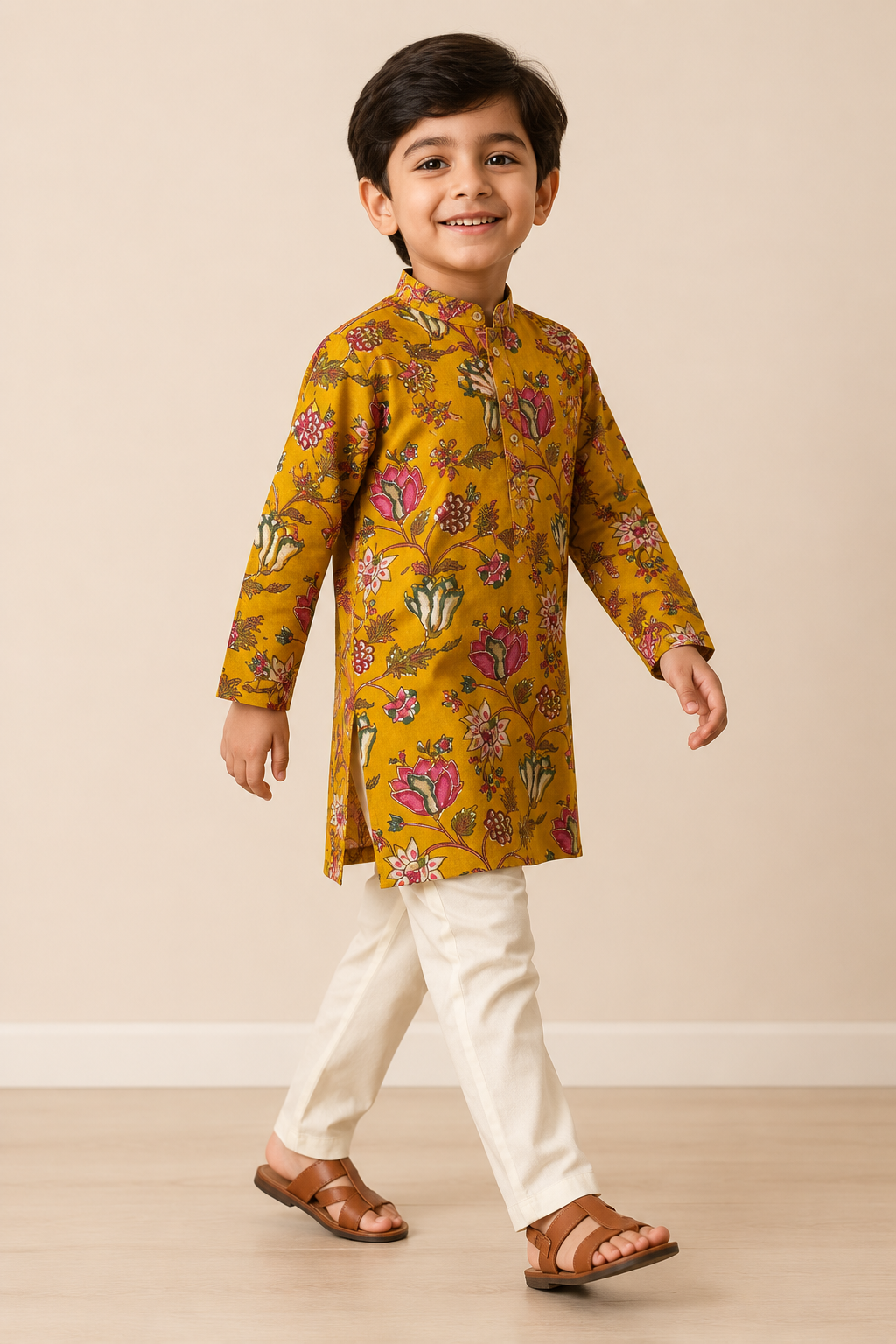Mustard Floral Printed Kurta Pant Set