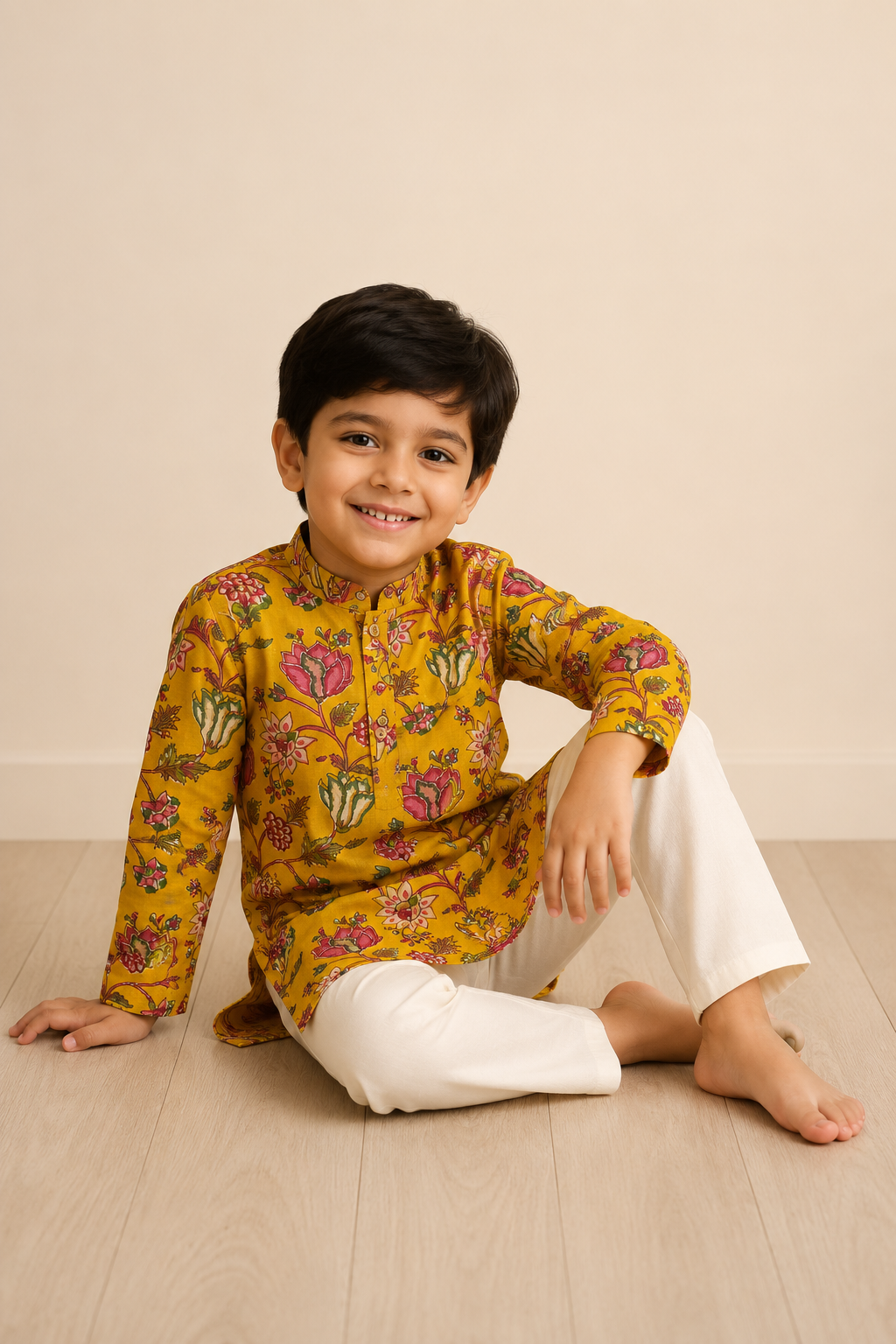 Mustard Floral Printed Kurta Pant Set