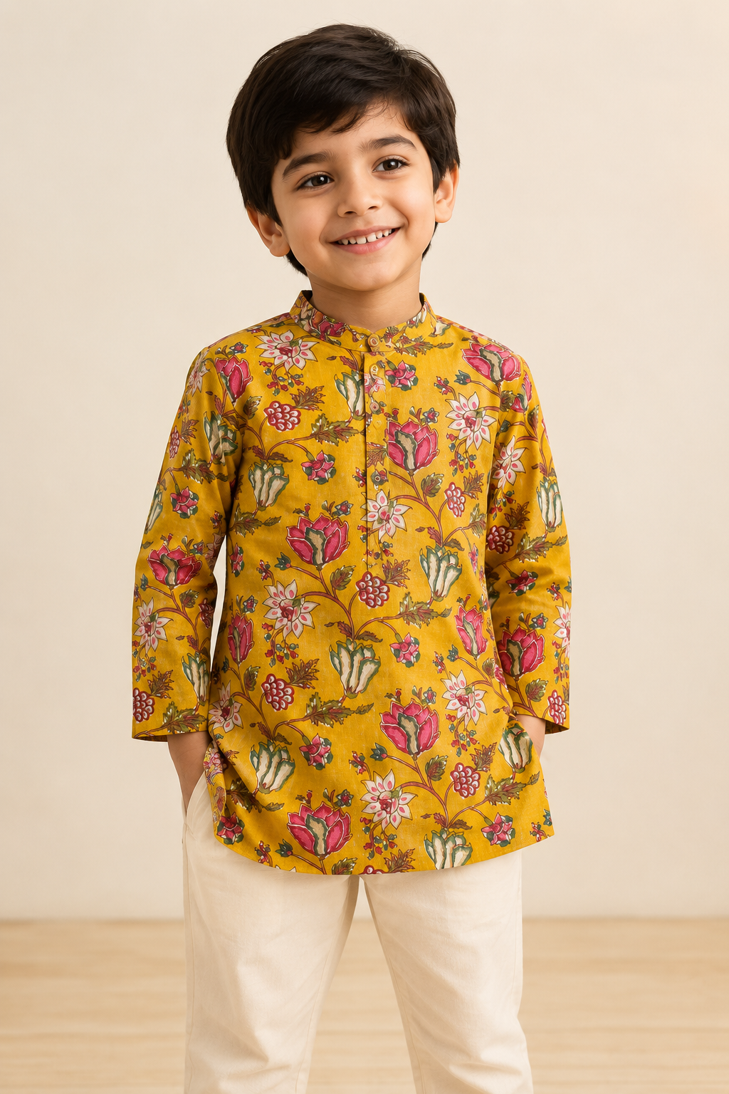 Mustard Floral Printed Kurta Pant Set