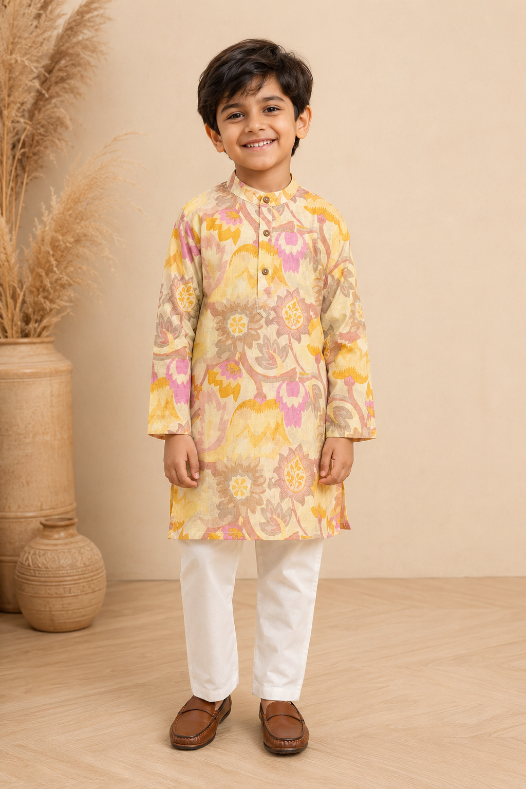 Pastel Yellow Floral Printed Kurta Pant Set