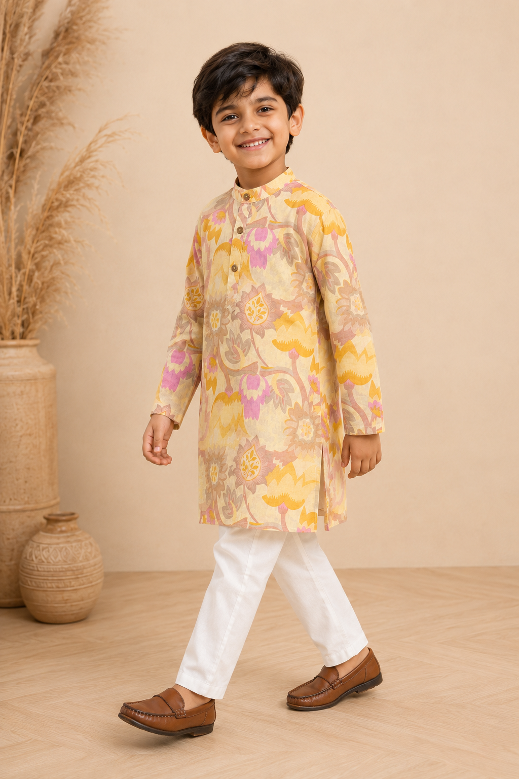 Pastel Yellow Floral Printed Kurta Pant Set