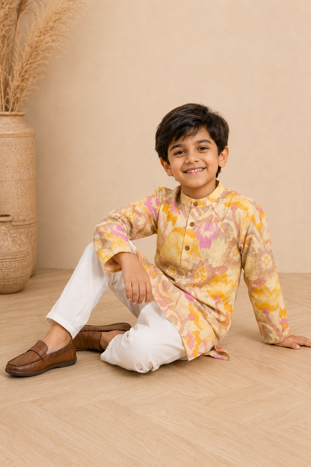 Pastel Yellow Floral Printed Kurta Pant Set