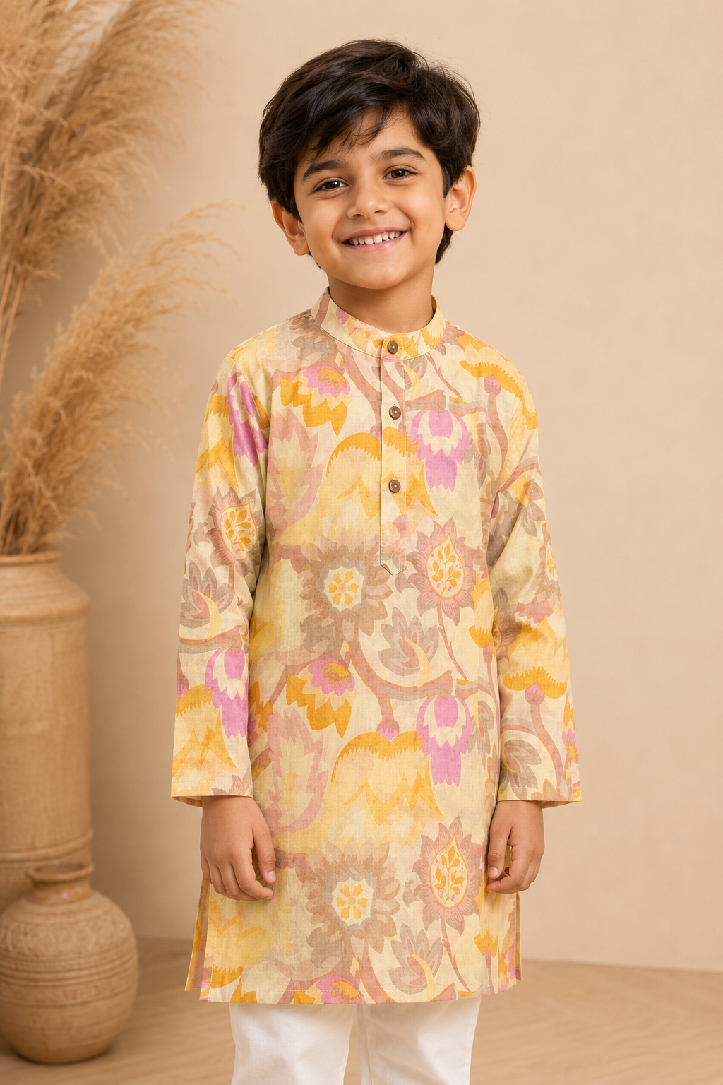 Pastel Yellow Floral Printed Kurta Pant Set