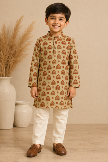 Beige Rust Printed Kurta Pant Set