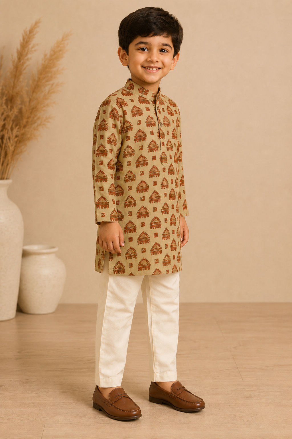 Beige Rust Printed Kurta Pant Set