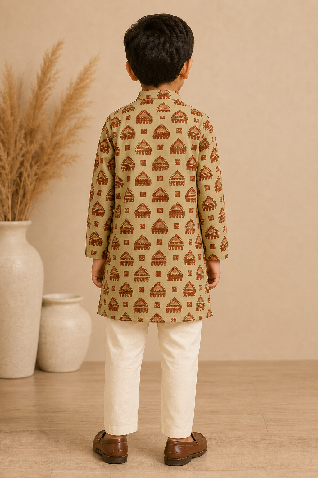 Beige Rust Printed Kurta Pant Set