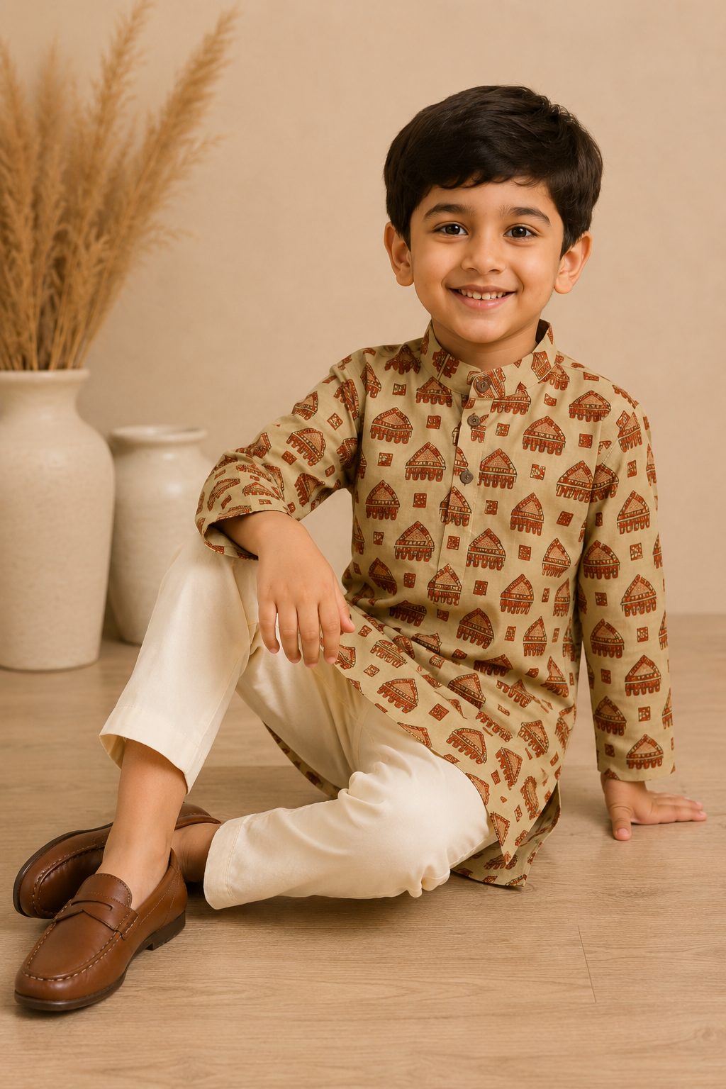 Beige Rust Printed Kurta Pant Set