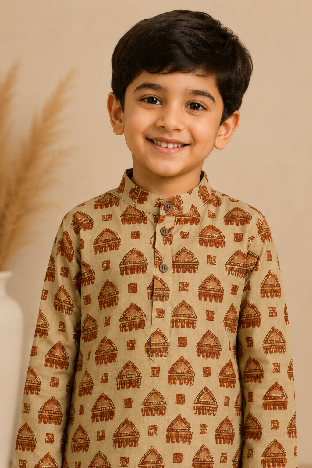 Beige Rust Printed Kurta Pant Set