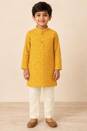 Mustard Yellow Geometric Printed Kurta Pant Set