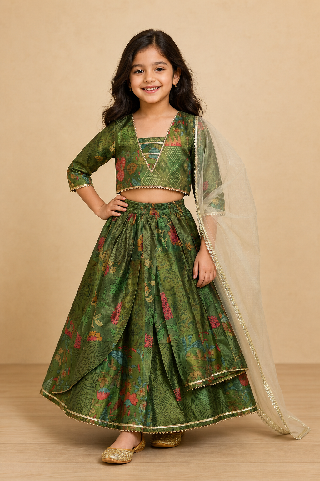 Olive Green Floral Lehenga Choli Dupatta Set