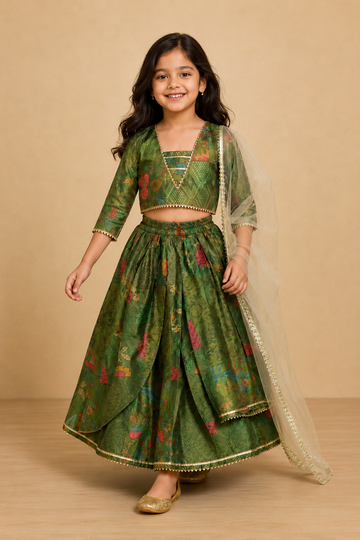 Olive Green Floral Lehenga Choli Dupatta Set