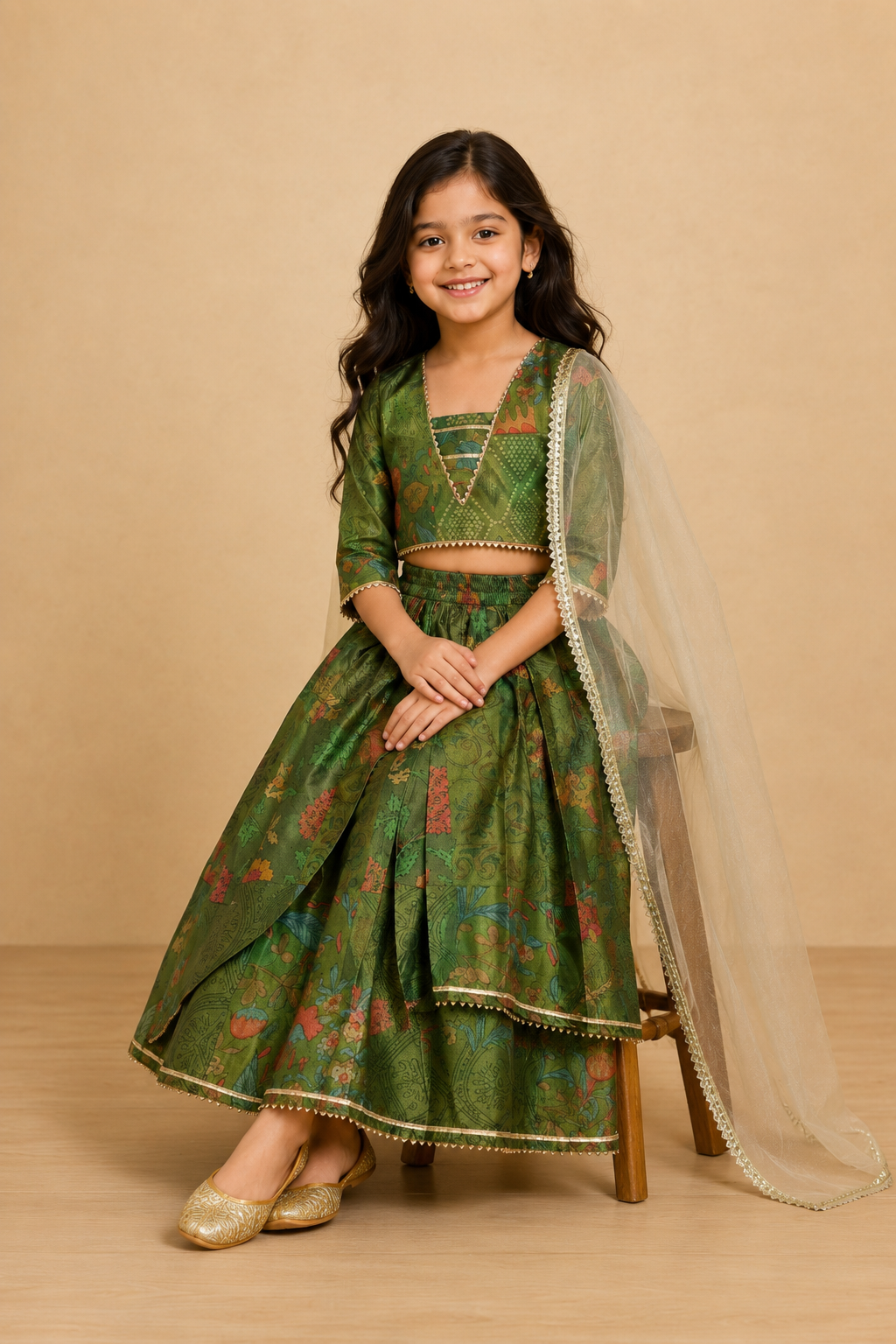 Olive Green Floral Lehenga Choli Dupatta Set