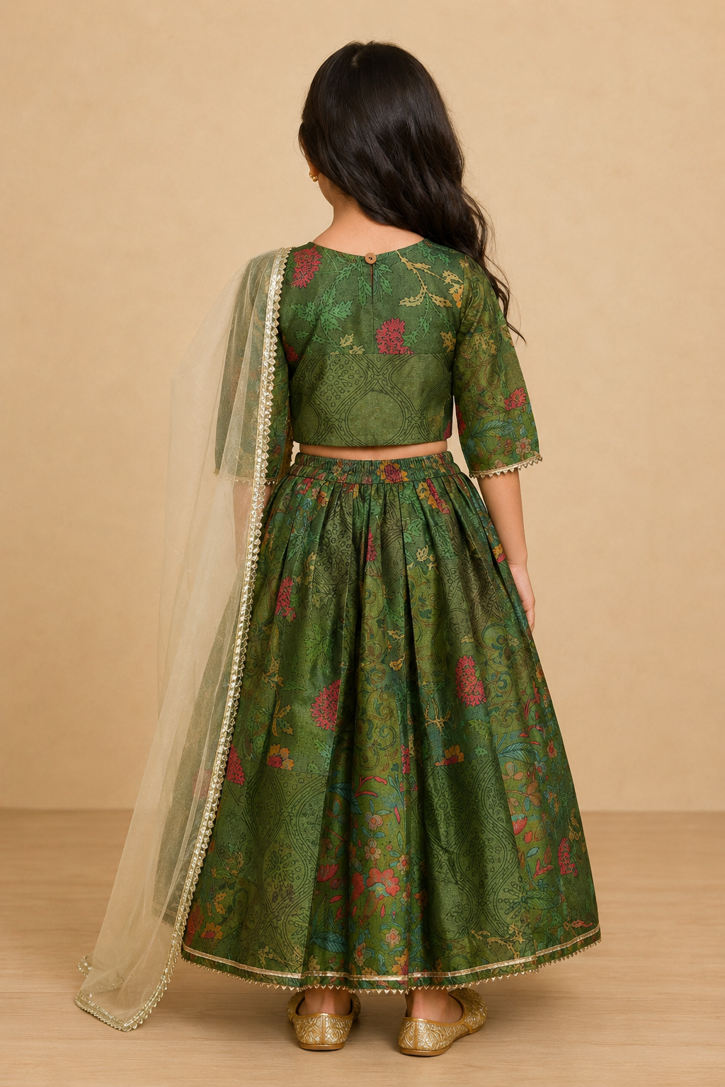 Olive Green Floral Lehenga Choli Dupatta Set