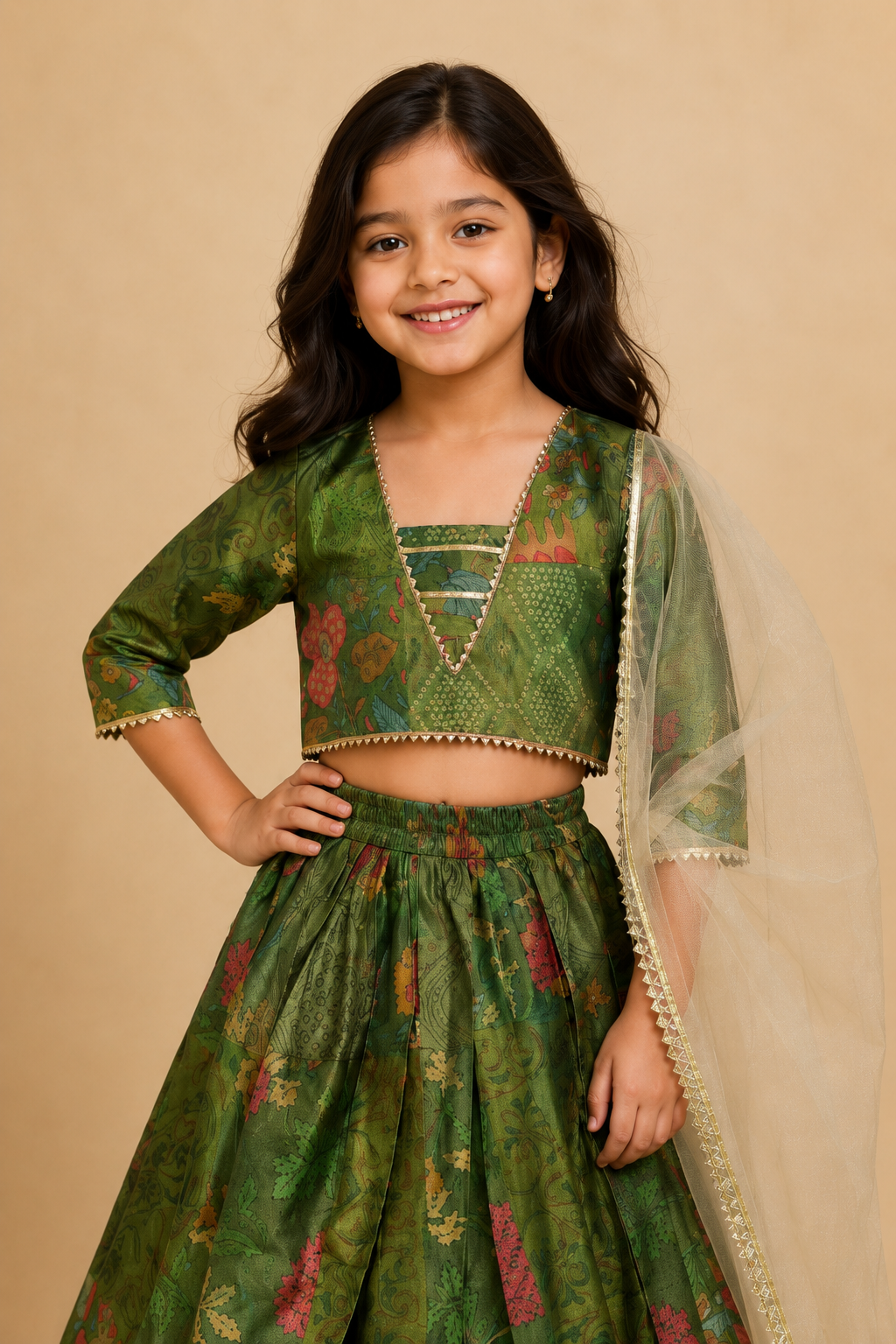 Olive Green Floral Lehenga Choli Dupatta Set
