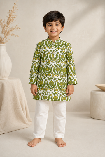 White Green Botanical Printed Kurta Pant Set