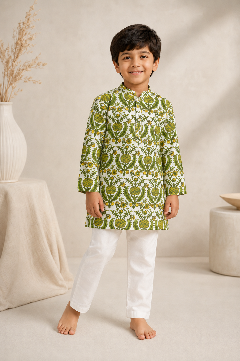 White Green Botanical Printed Kurta Pant Set