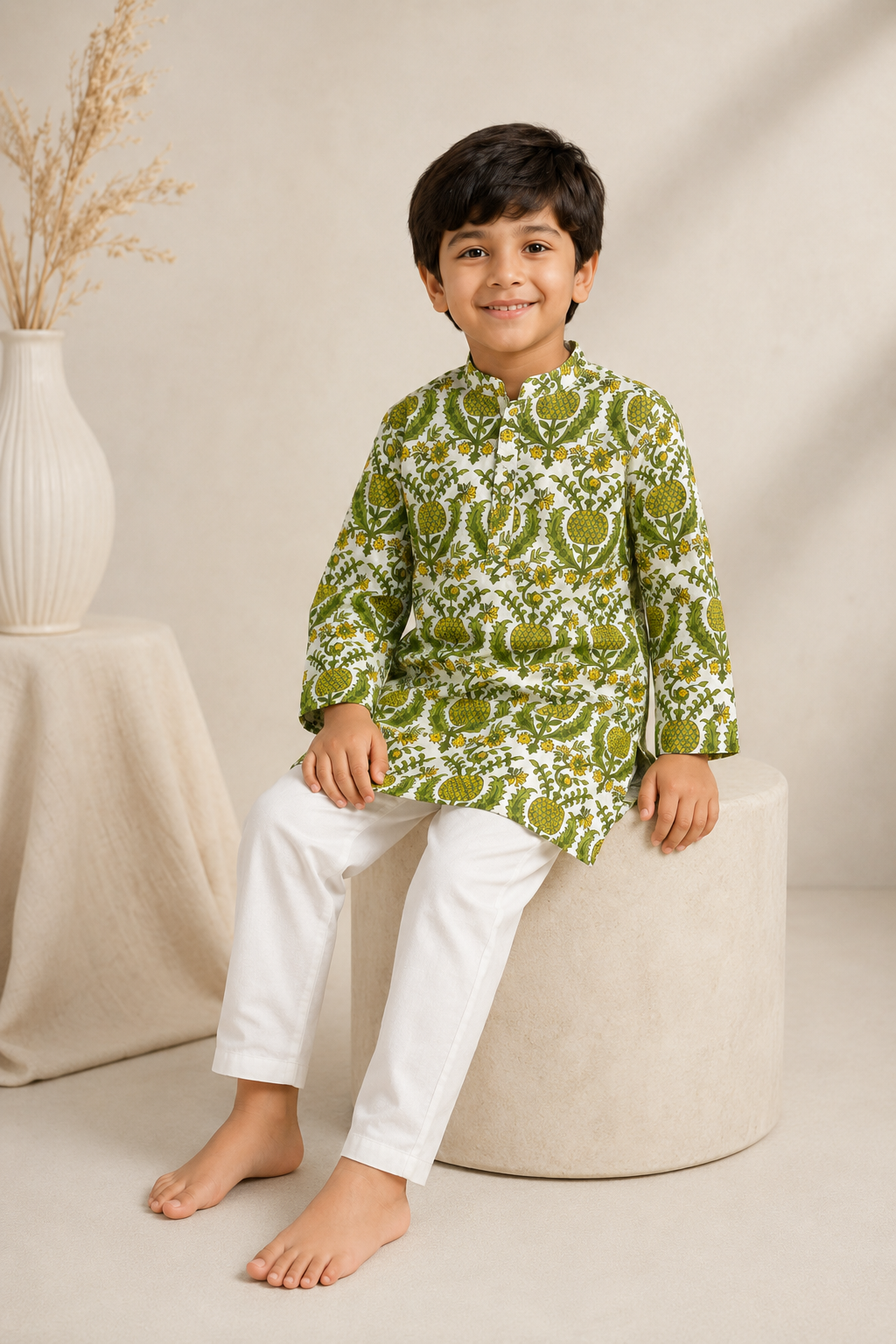White Green Botanical Printed Kurta Pant Set