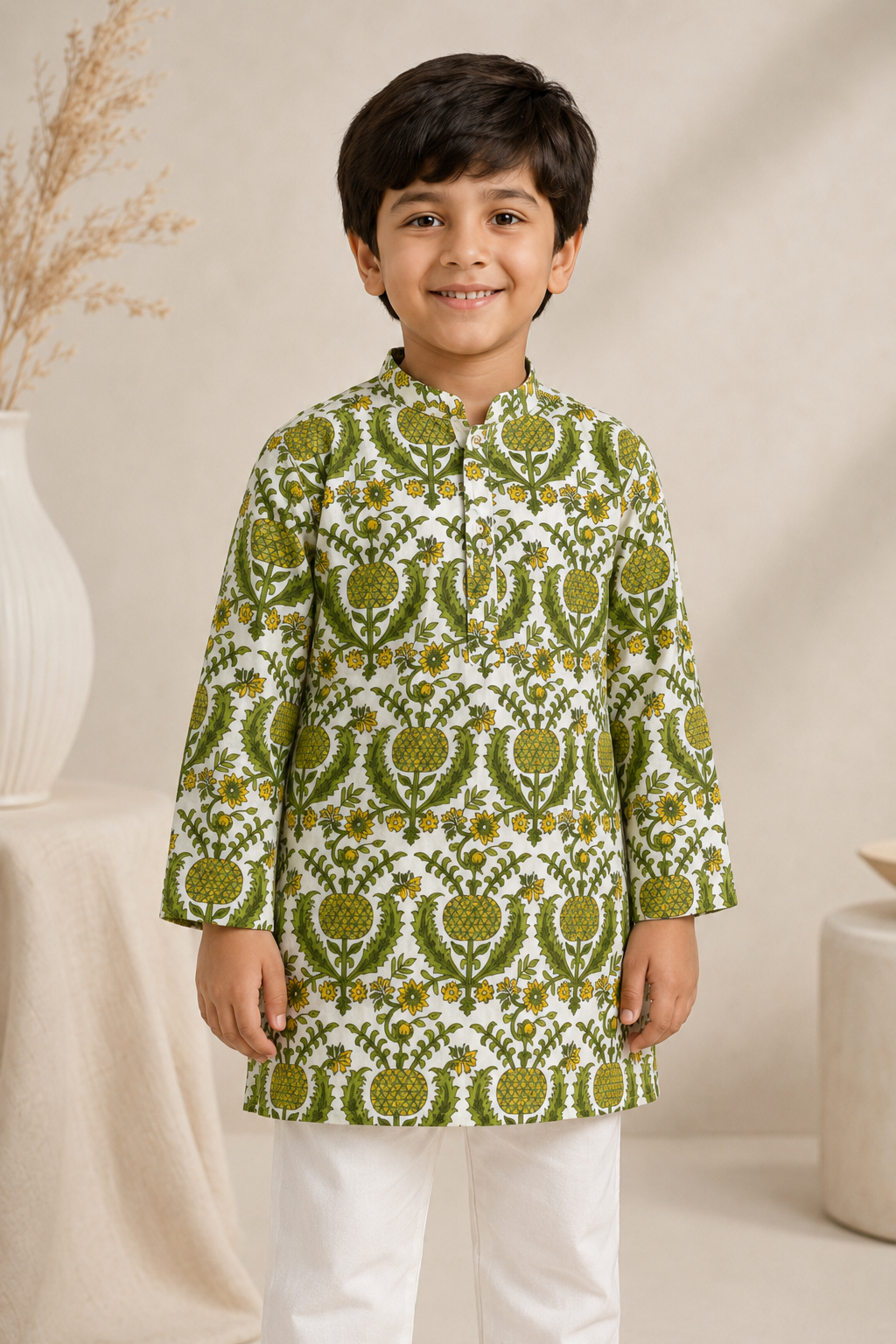 White Green Botanical Printed Kurta Pant Set