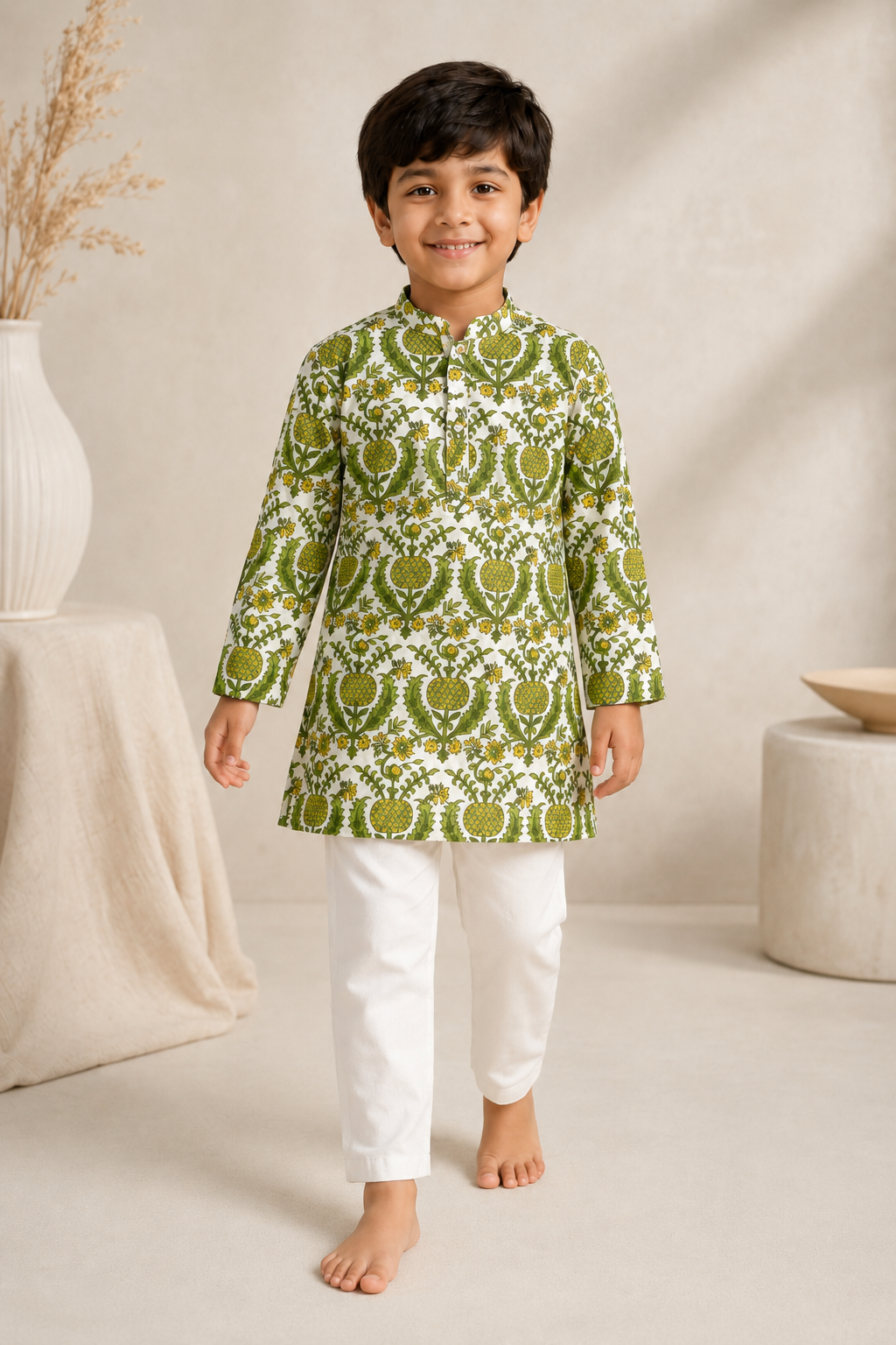 White Green Botanical Printed Kurta Pant Set