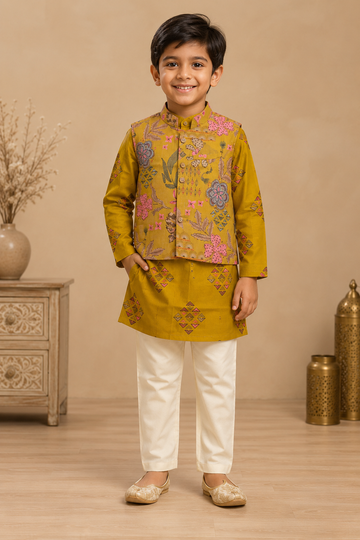 Kesariya Gulmohar Boys Kurta Jacket Set