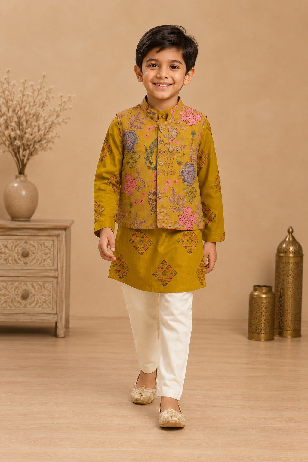 Kesariya Gulmohar Boys Kurta Jacket Set