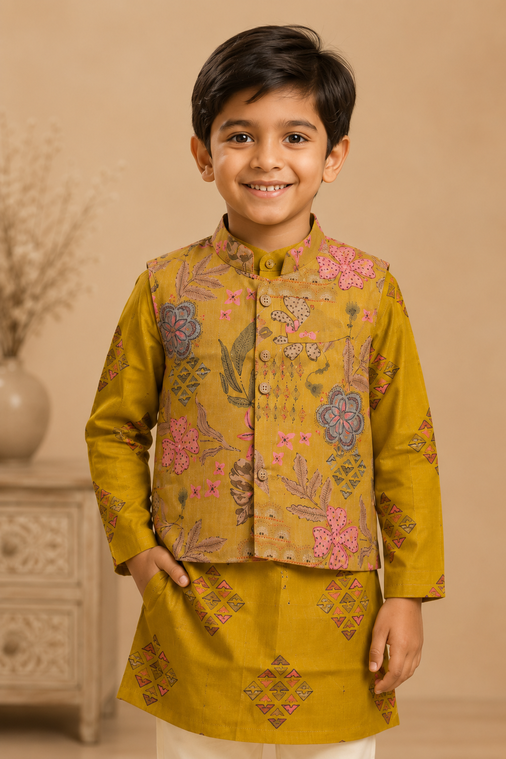 Kesariya Gulmohar Boys Kurta Jacket Set