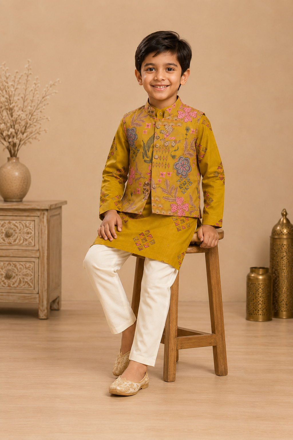 Kesariya Gulmohar Boys Kurta Jacket Set