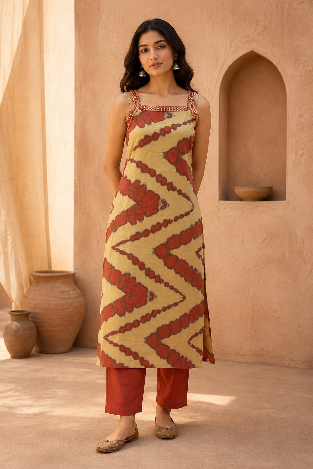 Mustard & Cream Abstract Printed Sleeveless Kurta Pant Set