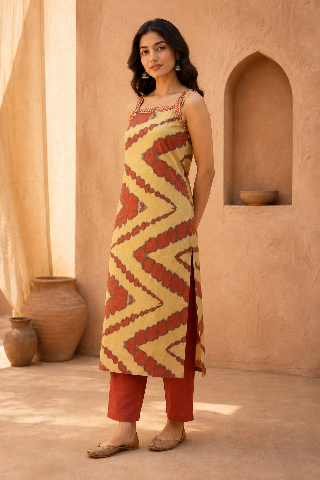 Mustard & Cream Abstract Printed Sleeveless Kurta Pant Set
