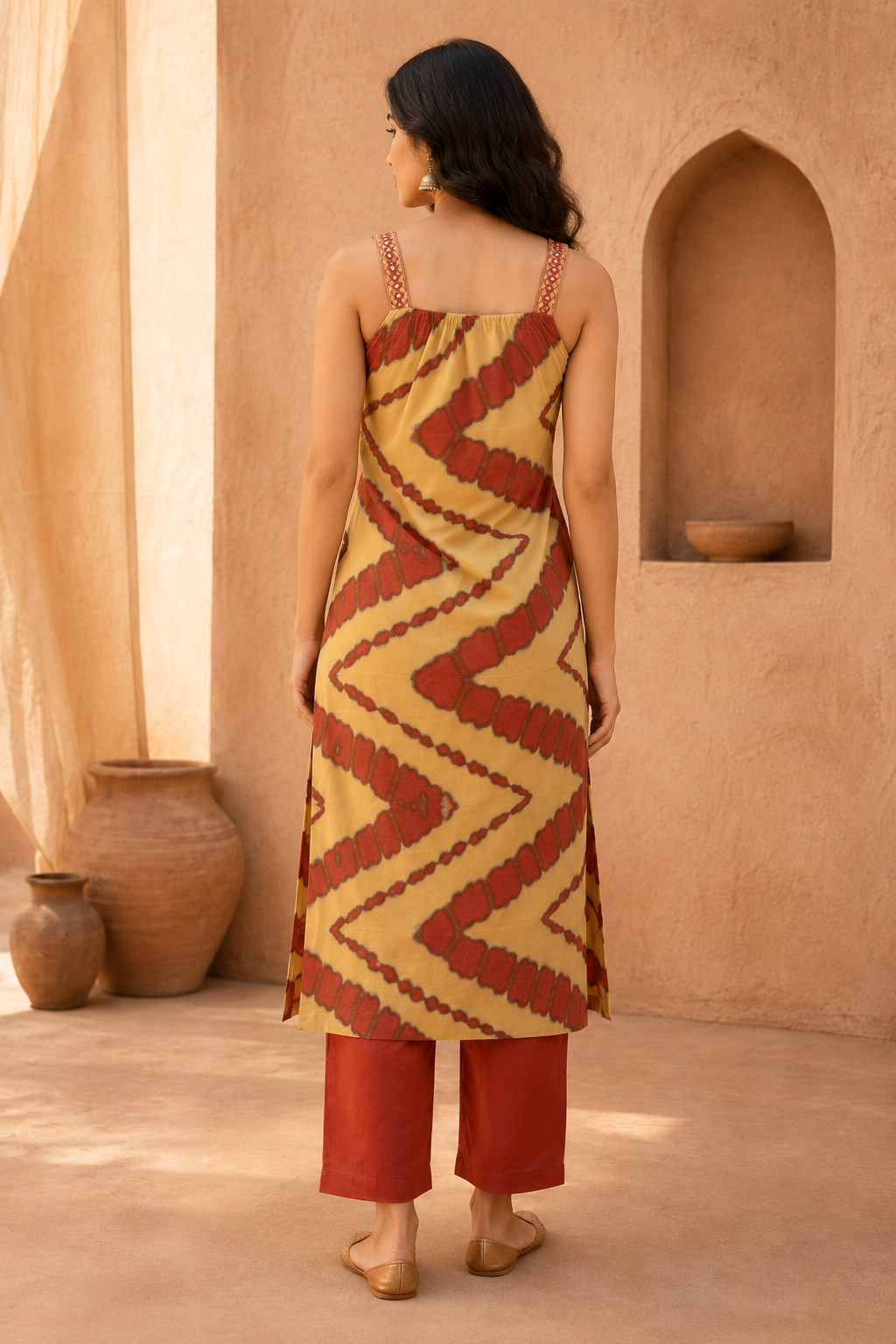 Mustard & Cream Abstract Printed Sleeveless Kurta Pant Set