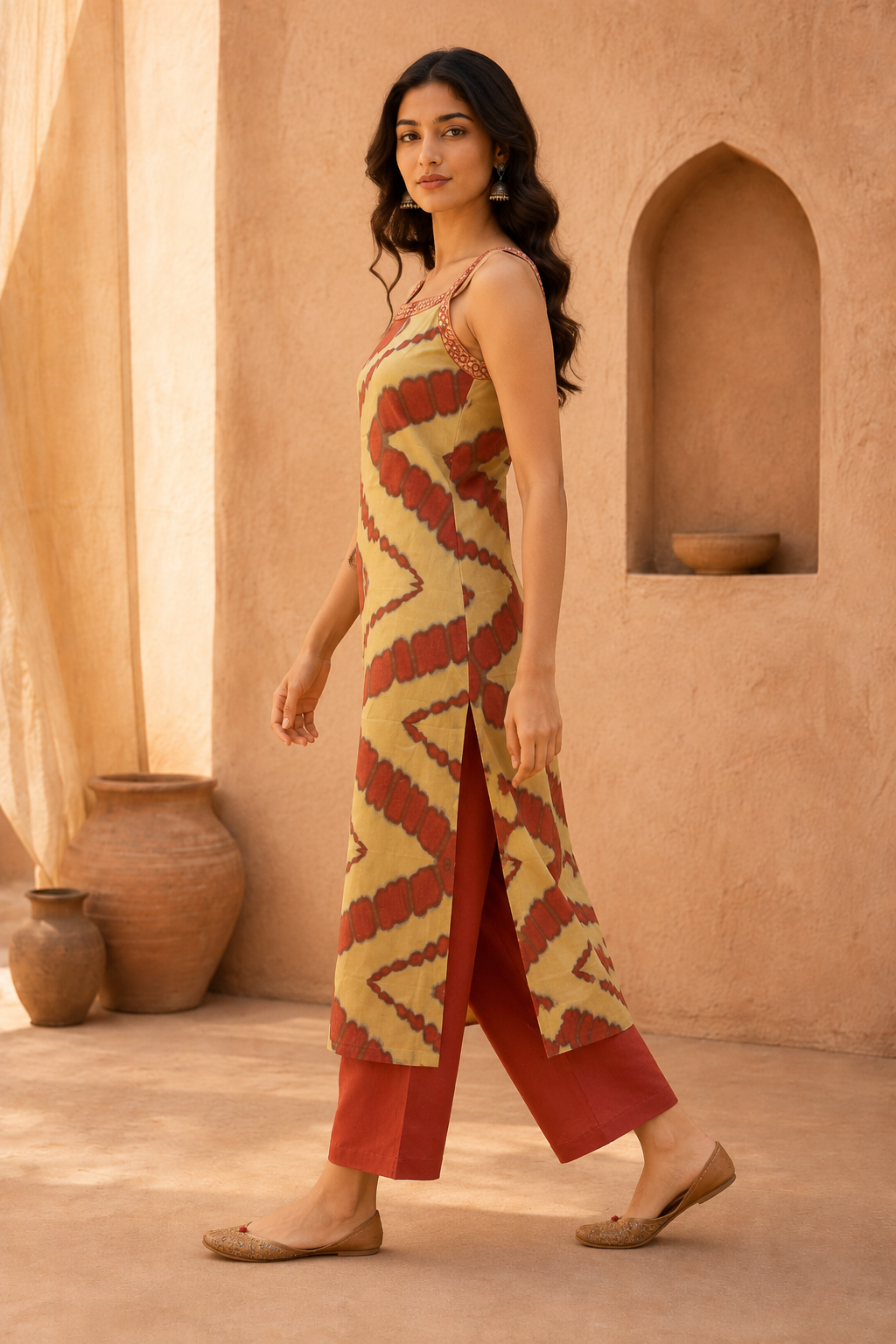 Mustard & Cream Abstract Printed Sleeveless Kurta Pant Set