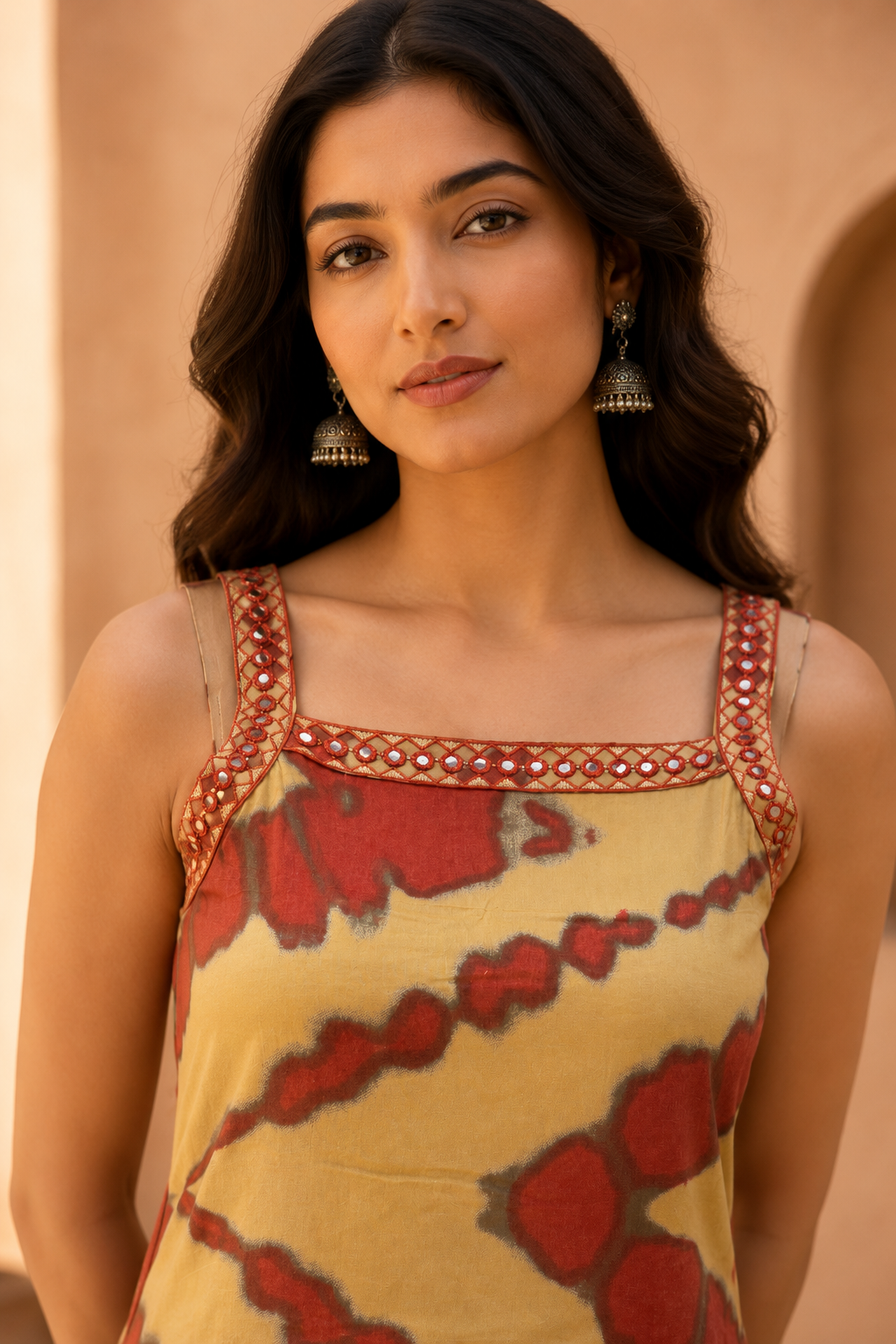 Mustard & Cream Abstract Printed Sleeveless Kurta Pant Set