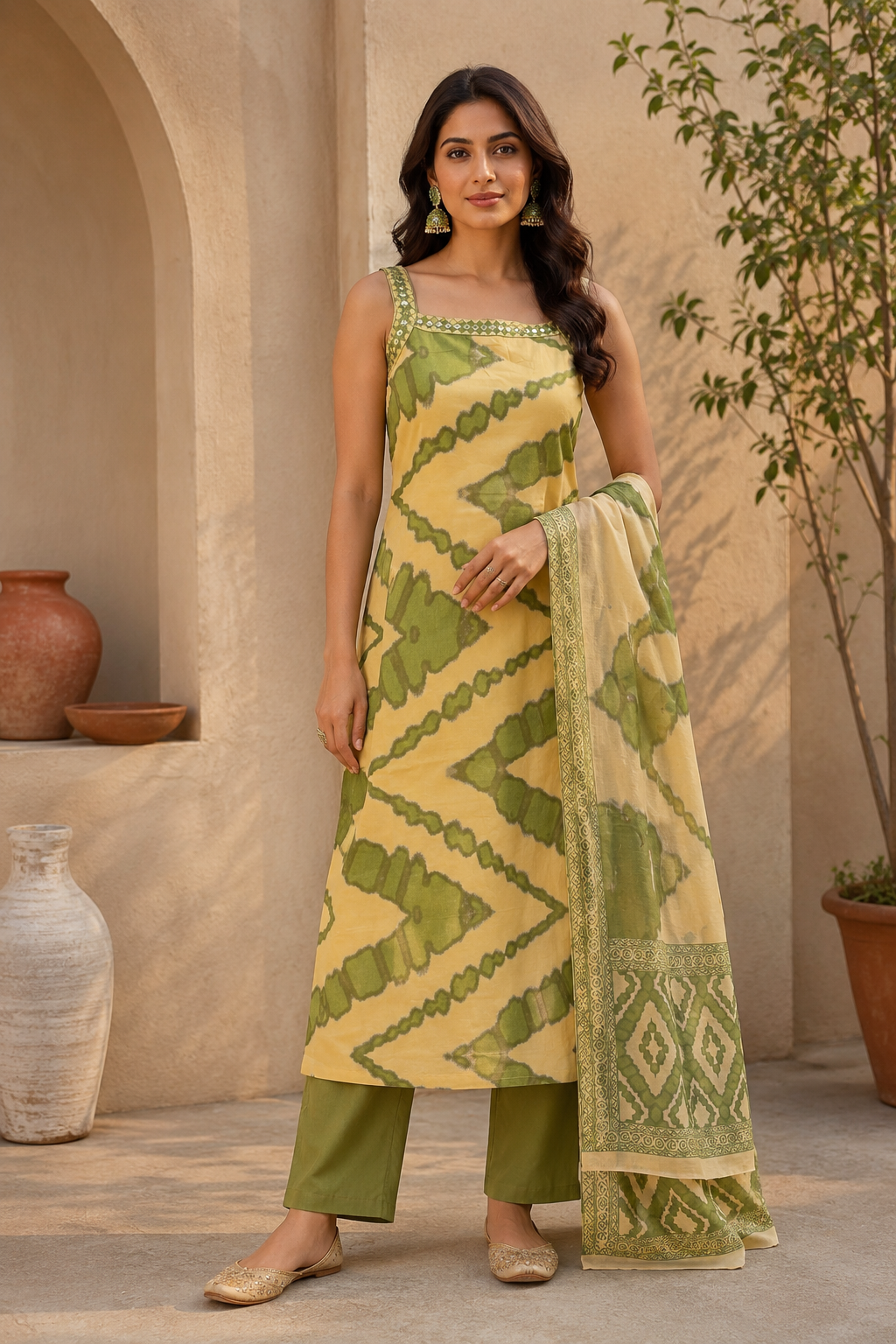 Green & Cream Abstract Printed Sleeveless Kurta Pant Set