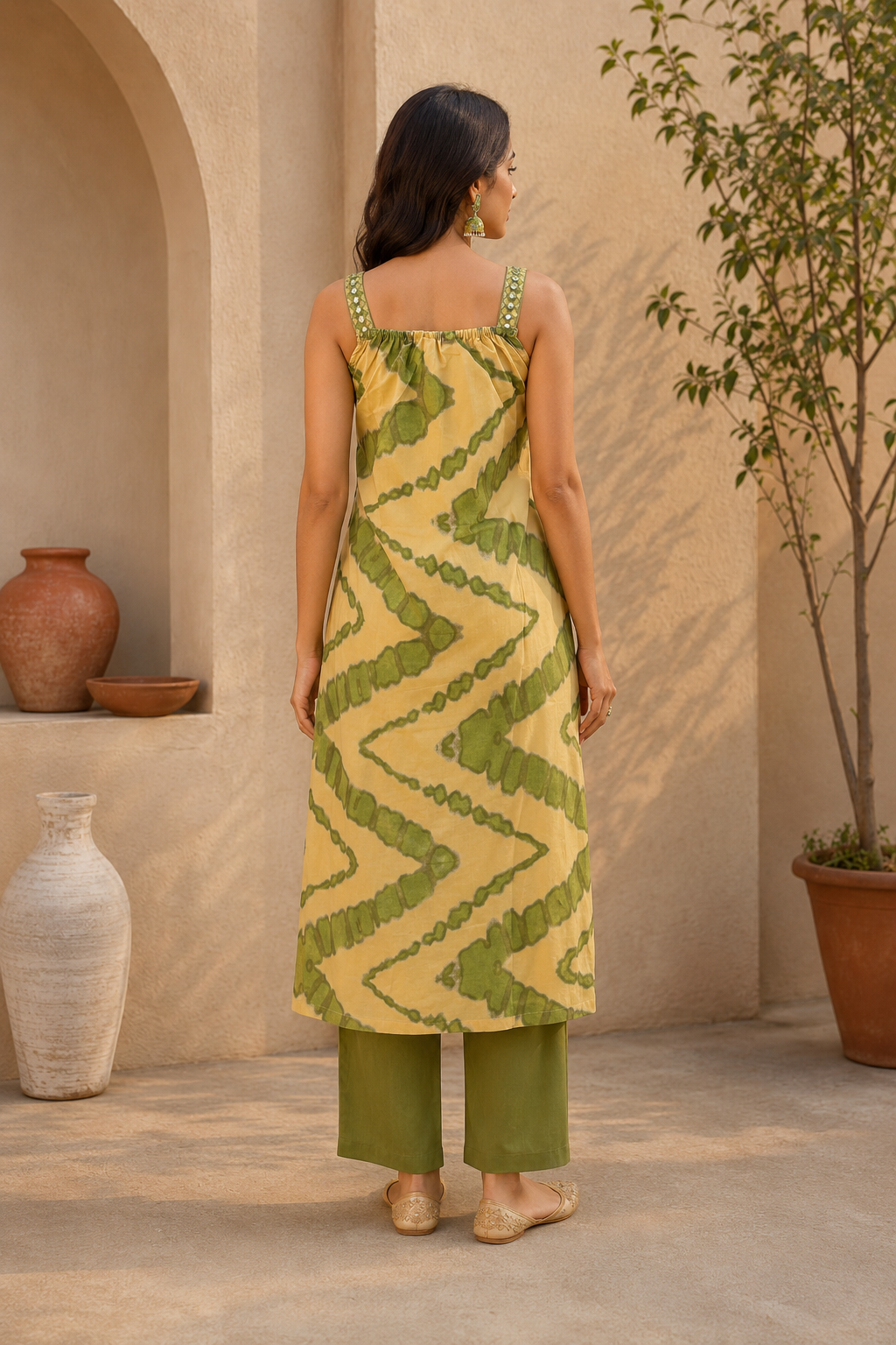 Green & Cream Abstract Printed Sleeveless Kurta Pant Set