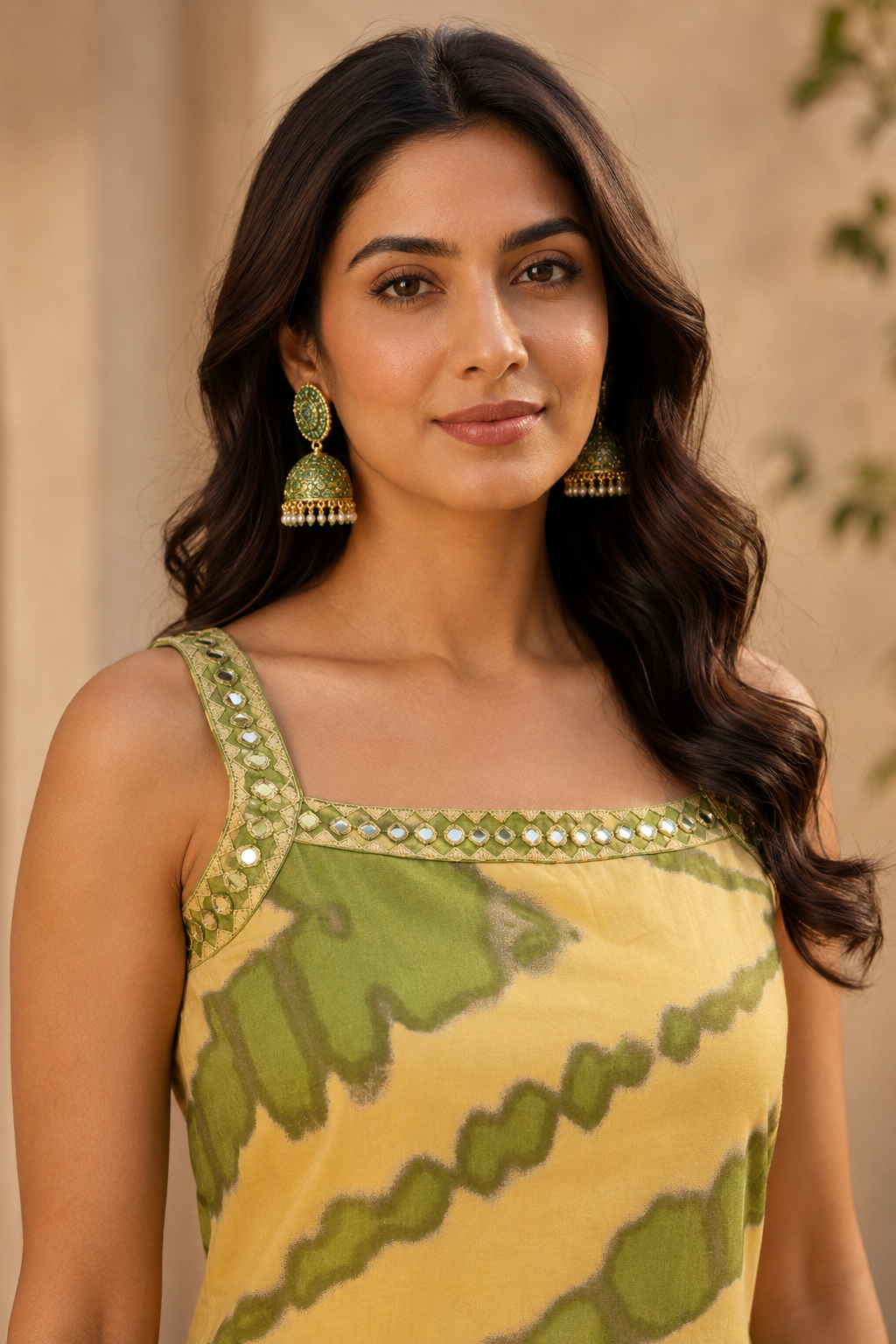 Green & Cream Abstract Printed Sleeveless Kurta Pant Set
