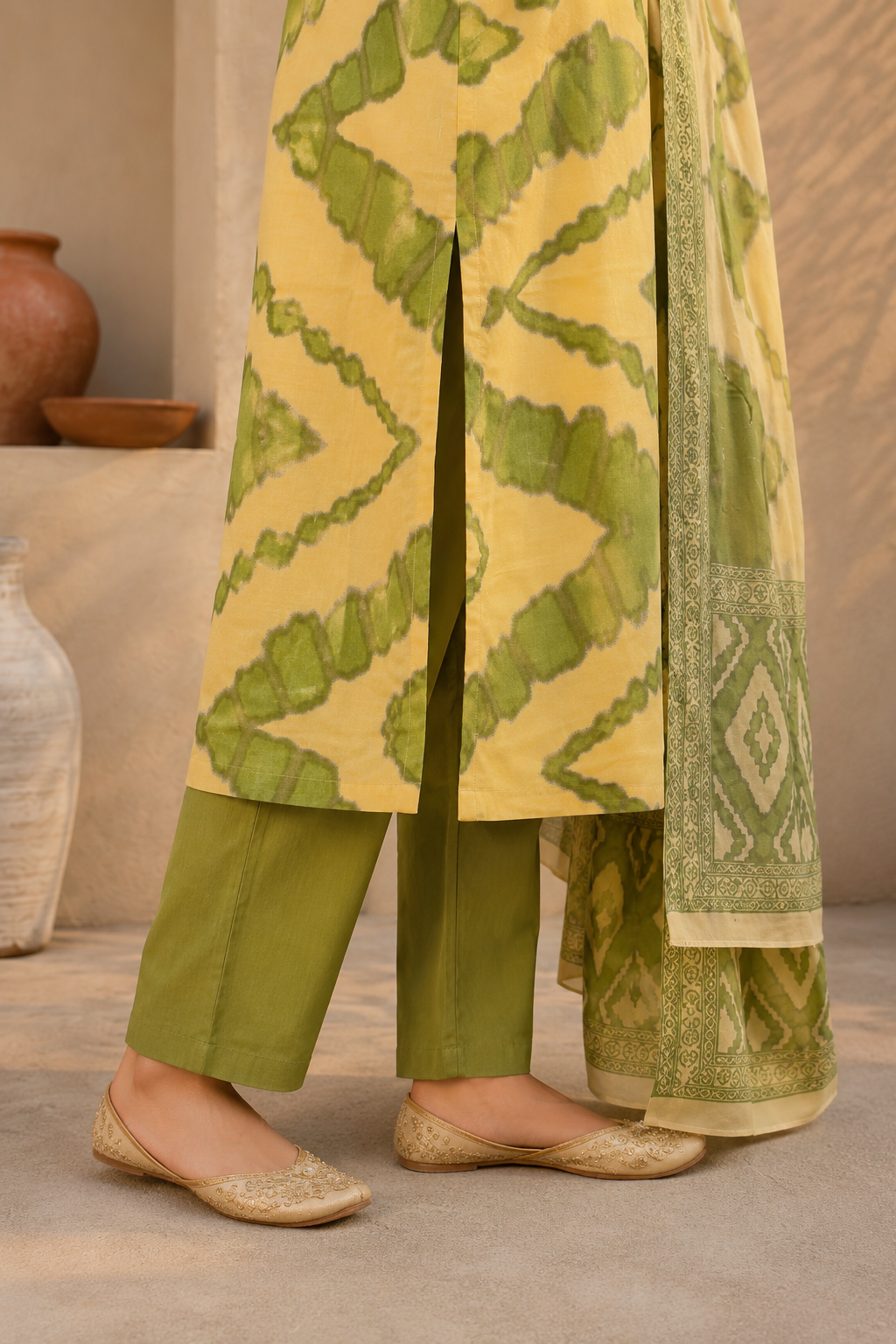 Green & Cream Abstract Printed Sleeveless Kurta Pant Set