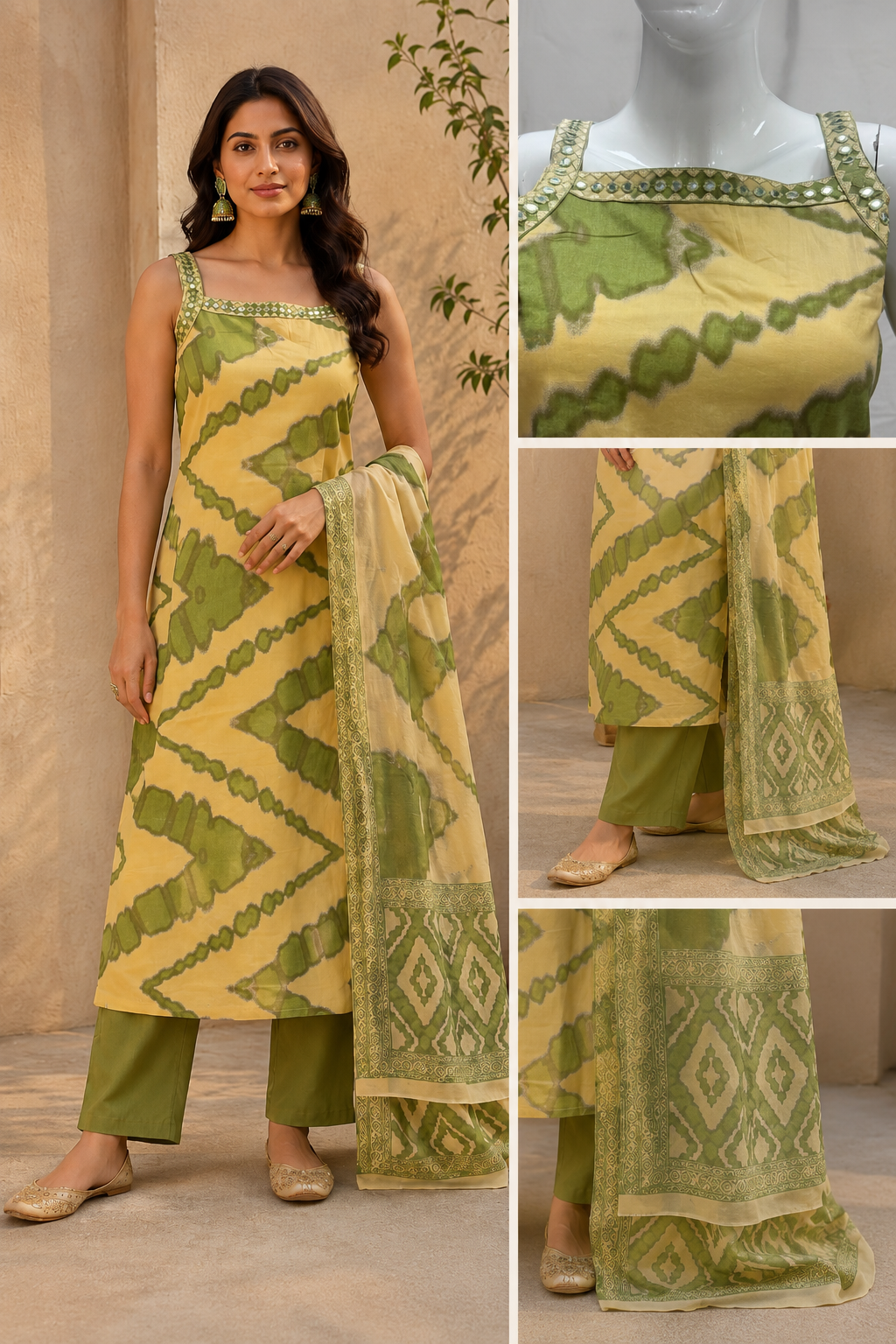 Green & Cream Abstract Printed Sleeveless Kurta Pant Set